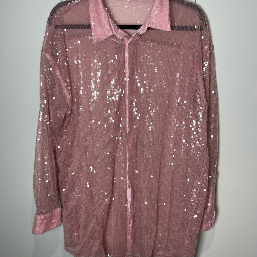 Pink Sequin Shirt Dress